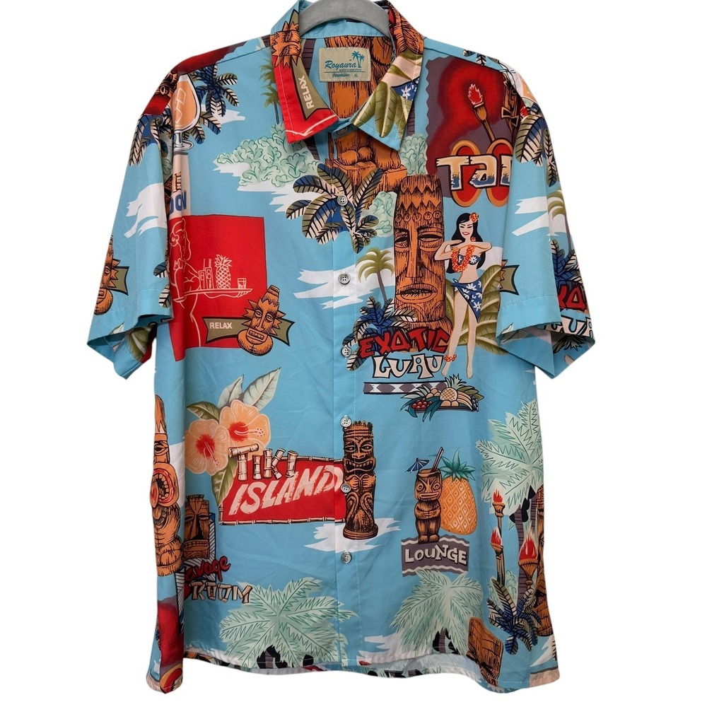 Royaura Mens Hawaiian Shirt XL Blue Tiki Island Luau Graphic Button Up Resort